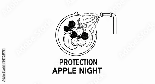 Black and white illustration of apple blossoms being sprayed by a hose