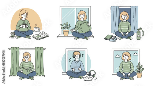 A collection of six illustrations depicting a person engaged in various indoor activities, showcasing different hobbies and moments of relaxation.