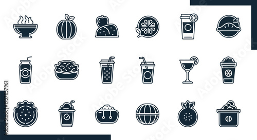 Set of food and drink icons in black and white