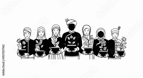 Diverse people in traditional attire hold potted plants with leaves and blooms