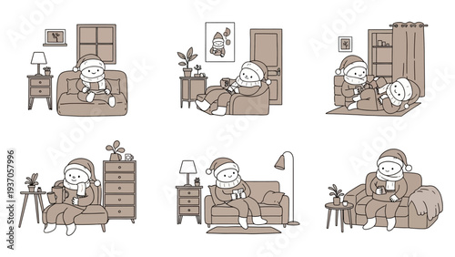 A person in a cozy hat relaxing at home, enjoying various leisure activities.