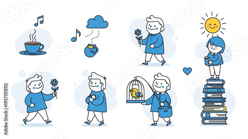 Collection of blue-themed illustrations depicting various daily activities and hobbies of a person.