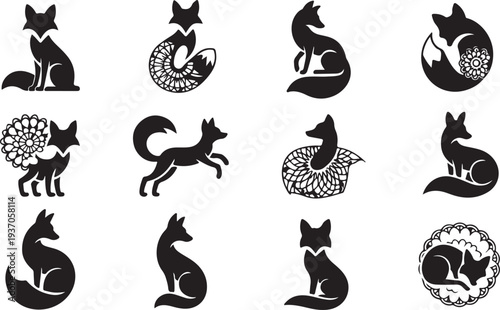 Black and white fox silhouettes with intricate decorative patterns and frames