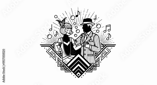 Art deco illustration of a couple dancing with musical notes and bubbles