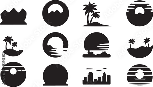 Black and white of landscapes and natural with palm trees and sunsets