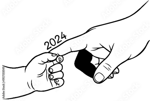 Adult finger points to infant's hand, marking the year 2024