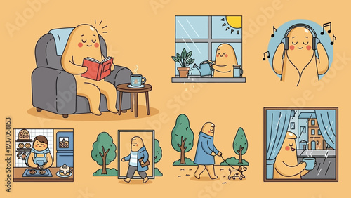 Collection of cartoon characters enjoying various indoor and outdoor activities.