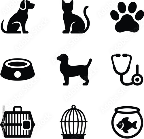 Pet care icons set dog cat paw bowl stethoscope cage fish bowl veterinary animal silhouette vector collection