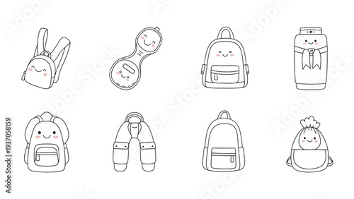 Collection of Cute Backpacks and Bags with Happy Faces in Line Art Style.