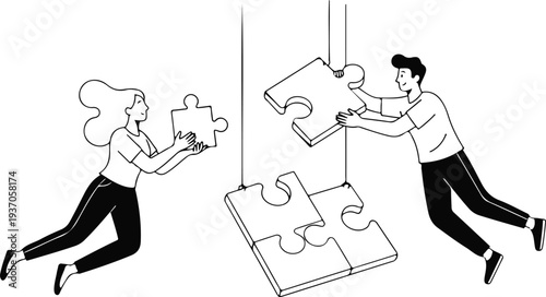 People do jigsaw puzzle together. Company employees coordination, effective team building and management, personnel productivity, teamwork, leadership concept. Vector illustration in doodle line style