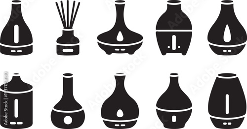Black and white outline of various diffuser and essential oil bottle