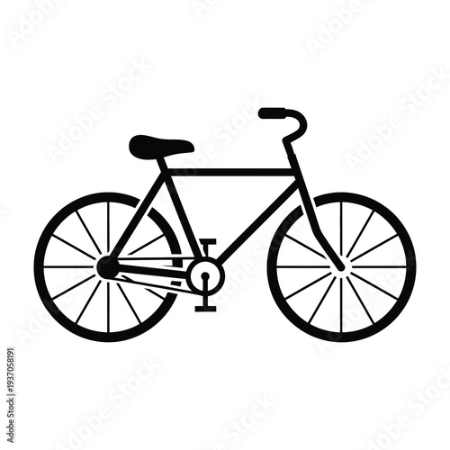 Black minimalist bicycle silhouette with two wheels handlebars and seat in a simplistic monochrome style on a white background