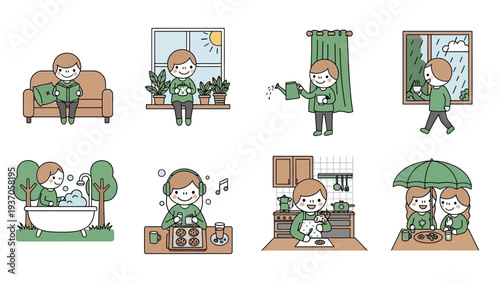 Collection of cartoon illustrations depicting everyday life activities.