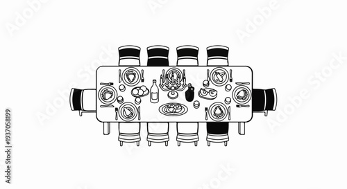 A top-down view of a formal dining table set for a feast, complete with place settings and a candelabra