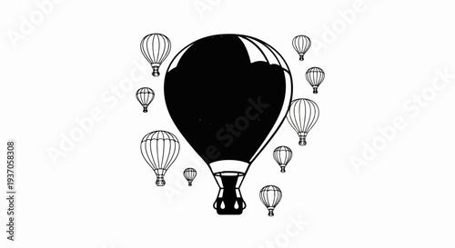 A group of hot air balloons, one large and filled in, surrounded by smaller ones