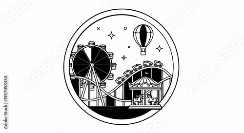 A circular graphic depicting a whimsical amusement park with a Ferris wheel, carousel, and roller coaster