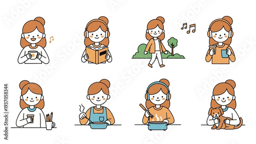 Collection of Hand-Drawn Illustrations Depicting a Womans Daily Activities and Hobbies.