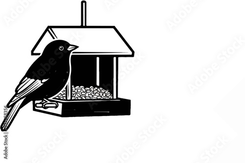 A black and white illustration depicts a bird perched on a seed feeder