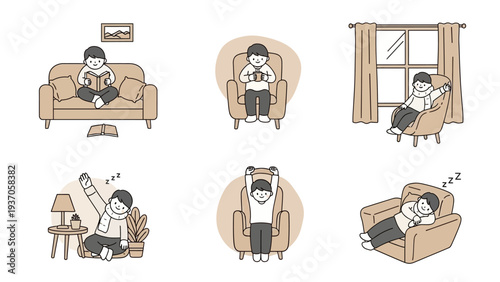 Collection of illustrations depicting a person enjoying various leisure activities at home.
