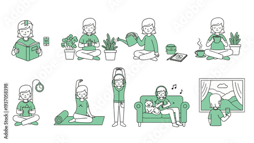 Collection of illustrations depicting a person engaged in various relaxing and mindful activities.