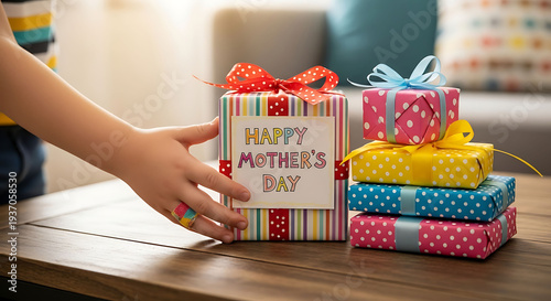 Person placing happy mother's day gift on table with stack of colorful presents