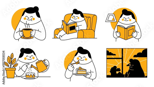 Collection of people enjoying various relaxing indoor activities.