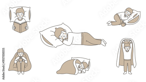 Collection of people in various sleep and relaxation poses.
