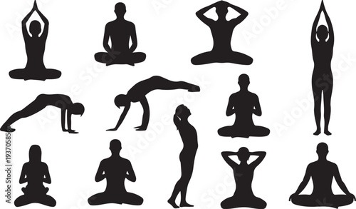 Black Silhouettes of People Performing Various Yoga Poses on White Background