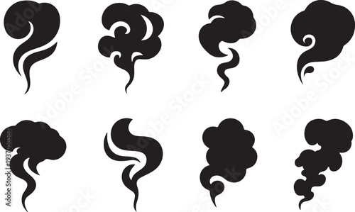Eight Abstract Black Swirling Cloud Shapes on White Background