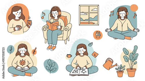 Collection of women engaging in various relaxing and mindful activities at home.