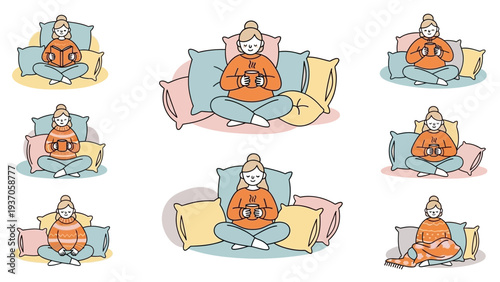 Collection of women meditating in various comfortable positions with pillows.