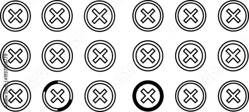 Cross Mark Cancel Icon Set with X Symbols in Circular Buttons for Close, Delete, Error, Exit, and Remove Actions in App Interface Design