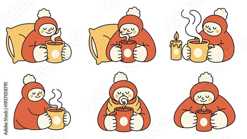 Cozy Cartoon Character Enjoying Warm Drinks and Candles in Various Relaxed Poses.