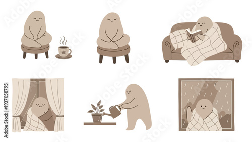 Cozy cartoon characters enjoying various indoor activities at home.