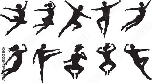 Silhouettes of dancers performing various ballet and contemporary dance poses
