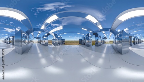 360? panorama of an endless hall with shiny silver arches, tiled floor, blue sky & distant landscape view