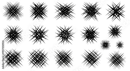 Collection of black burst shapes and explosive graphic elements on white background for design