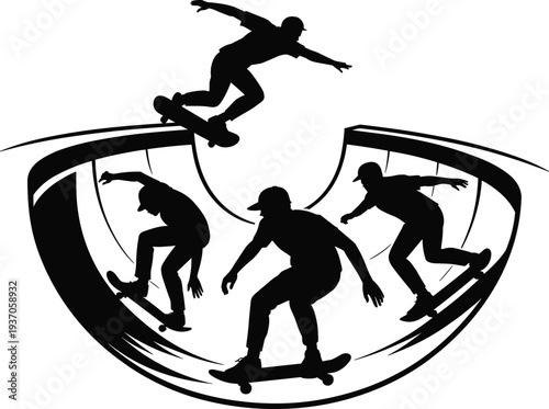 Skateboarders performing tricks silhouette skateboarding sport extreme skate park ramp action vector illustration skateboard athlete design