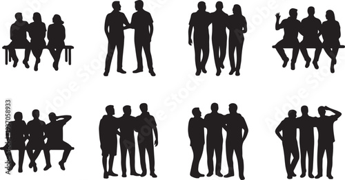 Silhouettes of groups of people in various poses and interactions black white