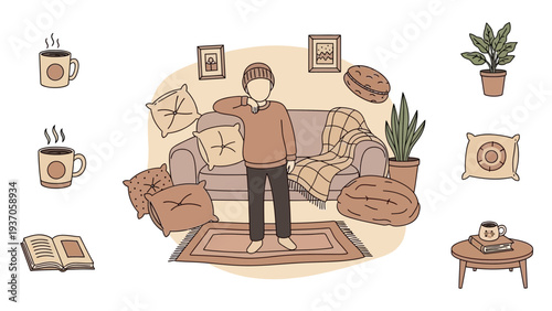 Cozy living room scene with a person standing near a sofa.