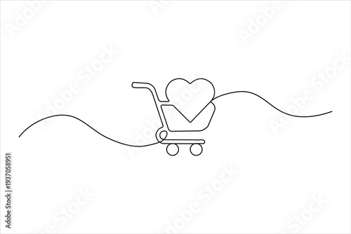 Minimalist one-line art of a shopping cart with a heart shape inside the basket. Clean black continuous line representing a love for shopping.