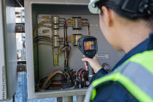 Over-shoulder thermal camera infrared inspection monitoring inside marshalling cabinet; technician checks fuse blocks and cable lugs for abnormal heat during routine patrol. onsite