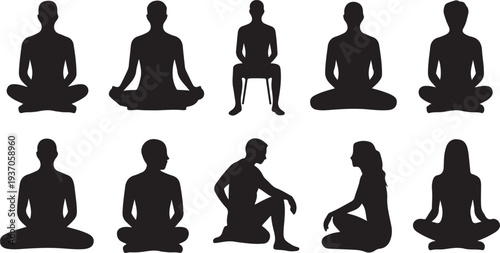 Silhouettes of people in various sitting and kneeling meditation poses