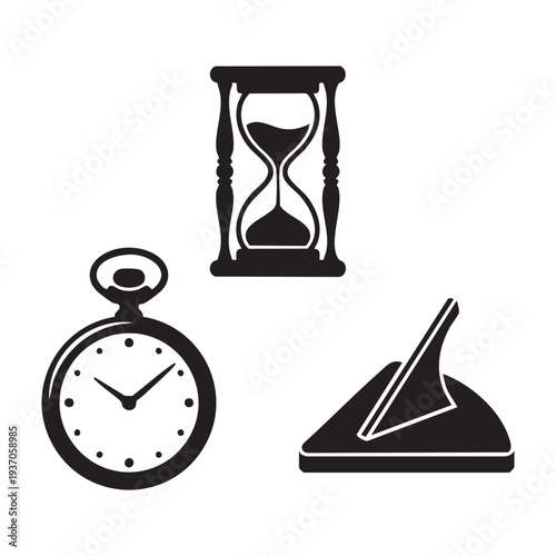 Antique Timepieces Hourglass Sand Timer Pocket Watch and Sundial Set