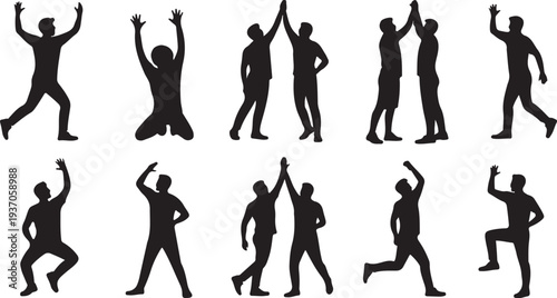 Silhouettes of people in various celebratory and energetic poses on white background