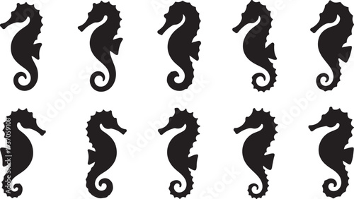 Ten black seahorse silhouettes arranged in two rows of five
