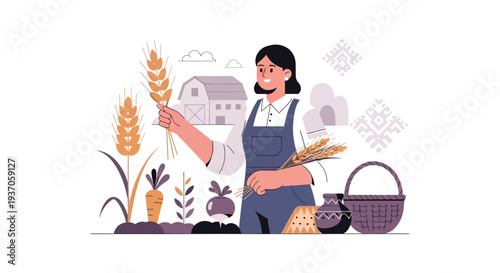 Female Farmer Holding Wheat Harvest Illustration. Happy Woman Working on a Farm with Barn, Carrots, and Traditional Cultural Motifs.