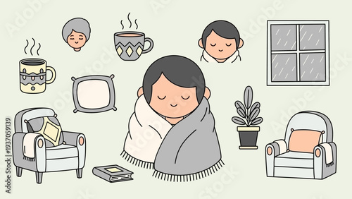 Cozy person wrapped in a blanket with warm drinks and chairs.