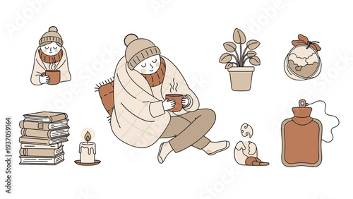Cozy person wrapped in blanket enjoying hot drink during cold weather.