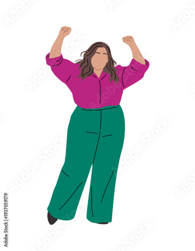 Flat vector of a plus size womann in magenta shirt and teal pants with raised fists, expressing triumph and confidence on transparent background.